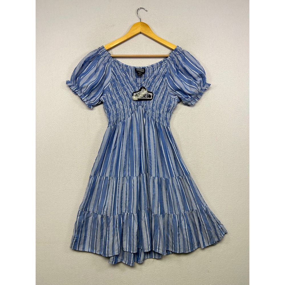 Boho Cottagecore Angie Womens Large Blue White Striped Smocked Tiered Mini Dress